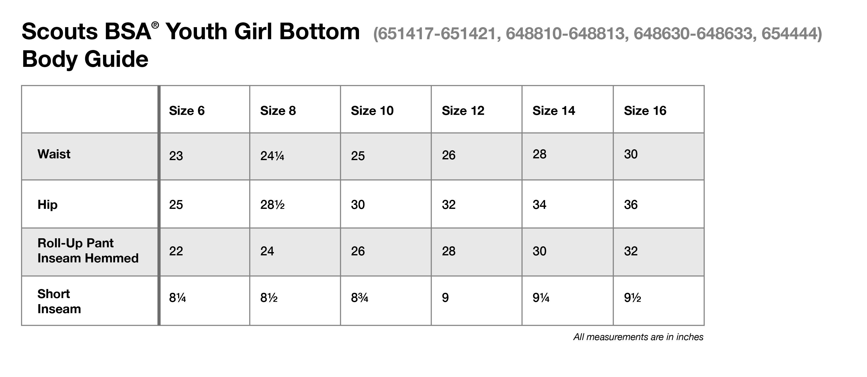 Girls youth sale size chart